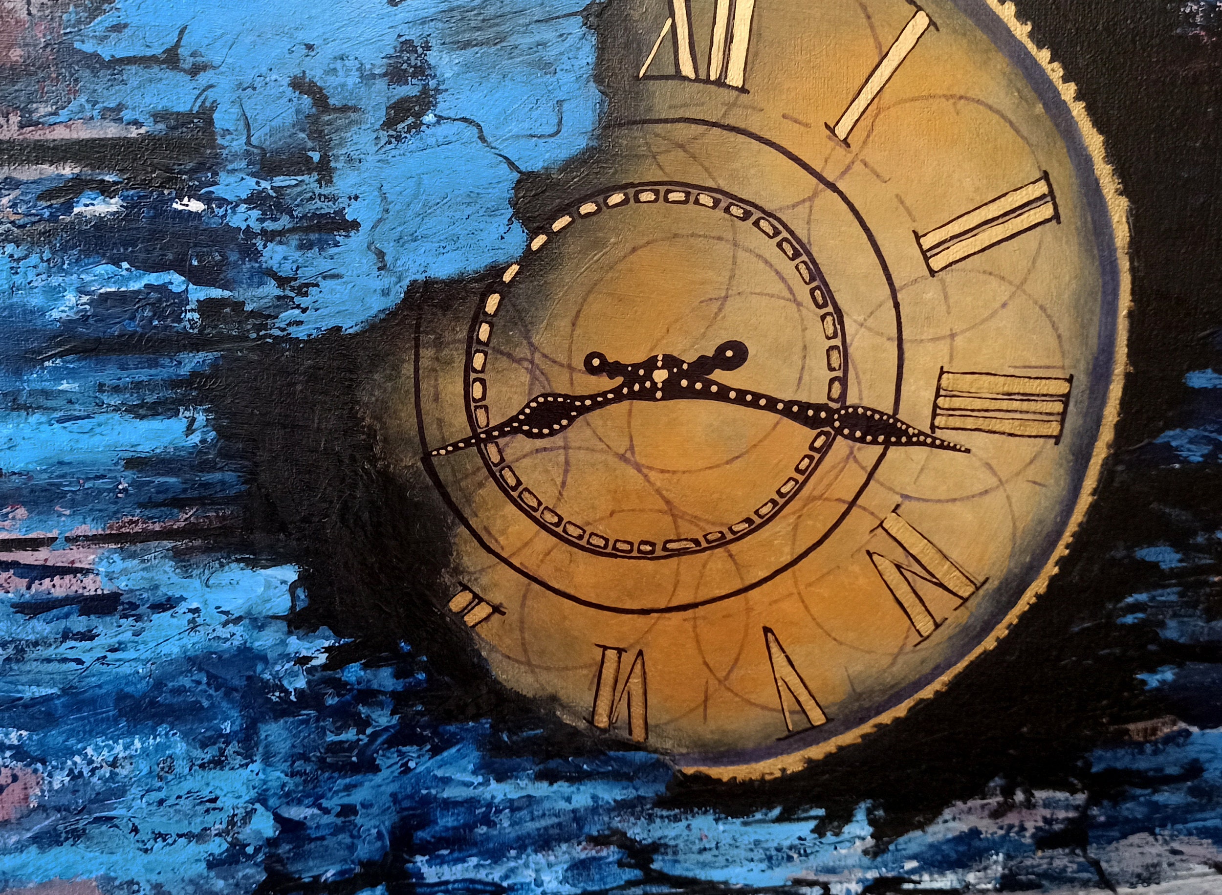 Wall Clock Painting Acrylic Canvas Original Art Gold Leaf Etsy