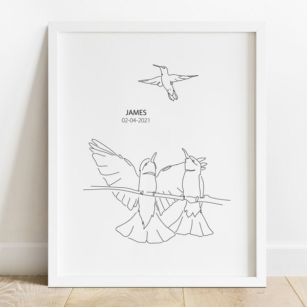 Personalized Baby Loss Poster, Miscarriage Line Drawing, Customized Baby Memorial, Child Loss Keepsake, Remembrance Print, Custom Birds Art,