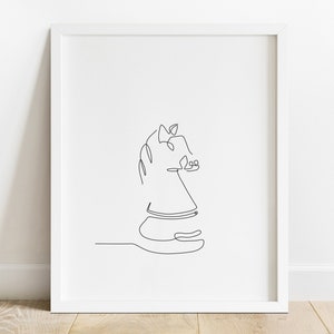 Knight Chess Piece Line Drawing, Art mural d’échecs, Knight Digital Print, Affiche d’échecs noir blanc, Décor mural de jeu de société, Chevalier imprimable