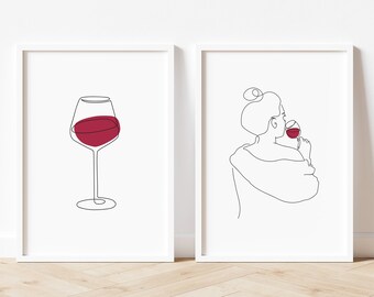 Set of Red Wine Line Drawings, Wine Wall Art, Woman Drinking Wine, Line  Art, Line Drawing Poster, Wine Glass Art, Printable Wall Art