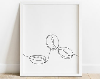 Coffee Beans Line Drawing, Coffee Line Art, Kitchen Art Prints, Barista Art, Coffee Bean Wall Decor, Bean Doodle, Simple Line Printable