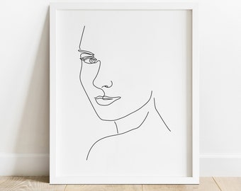 Line Drawing Portrait, Woman Looking Over Shoulder, Wall Art, Face Line Drawing, Line Art Poster, Female Contour, Printable Wall Art
