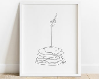 Pancakes with Syrup Poster, Breakfast Line Drawing, Pancakes Line Art, Breakfast Wall Art, Breakfast Drawing, Pancake Wall Decor, Printable