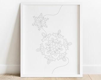 Snowflakes Line Drawing, Winter Line Art, Simple Snowflake Drawing, Snowflakes Art Print, Winter Printable Wall Decor, Continuous Line Art