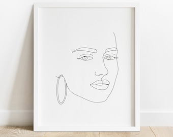 Beautiful Woman with Earring Portrait Line Drawing, Line Art Female Face Printable, Minimalistic Portrait Wall Decor, Female Contour Poster