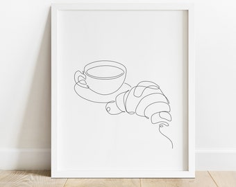 Coffee Croissant Poster, Croissant Line Drawing, Coffee Cup Line Art, Breakfast Artwork, Food Wall Decor, Minimalistic Breakfast Printable