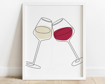Red and White Wine Glasses Toasting, Wine Glass Wall Poster, Two Wine Glasses Printable, Wine Lover Gift, Wine Line Art, Wine Wall Decor