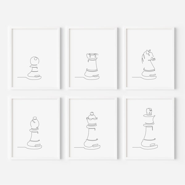 Chess Wall Art, Chess Pieces Line Drawing, King Queen Bishop Knight Rook Pawn Chess Poster, Printable Line Art, Minimalistic Wall Decor