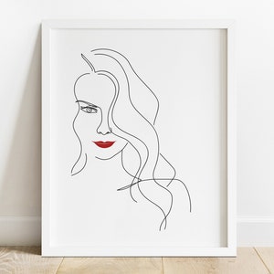 Retrato de dibujo de línea, mujer labios rojos, dibujo de línea de la cara, arte de línea de la mujer, retrato de contorno femenino, arte de labios rojos, arte de pared imprimible, póster