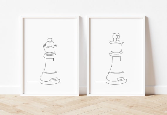 Continuous One Line Drawing of Chess Pieces. King Queen Chess