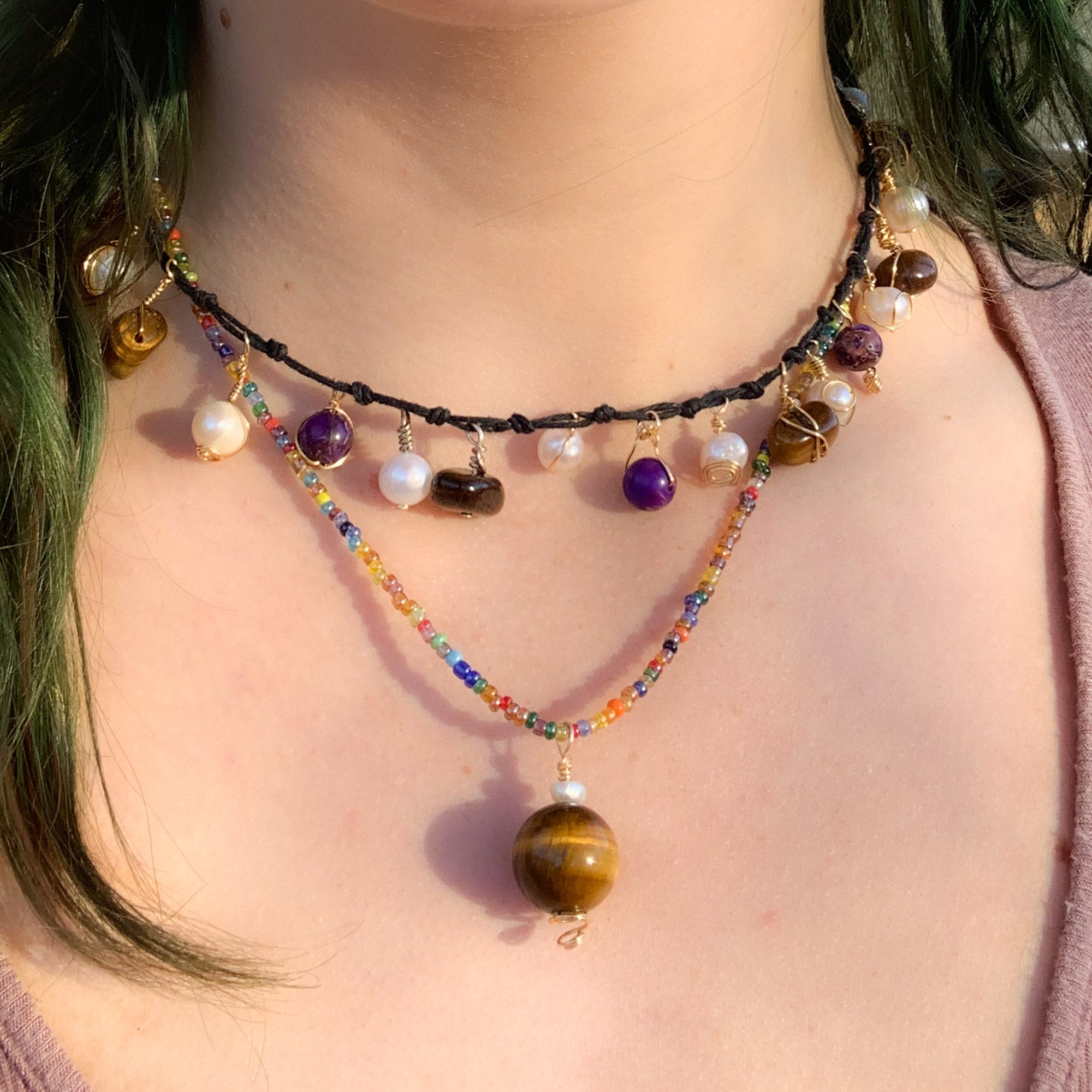 Tiger's Eye Rainbow Necklace // Tiger's Eye and Pearl Etsy