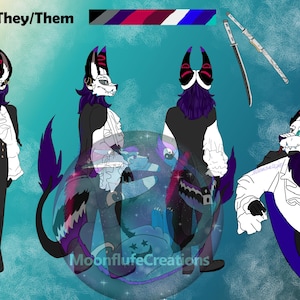 May include: Digital artwork featuring a stylized anthropomorphic character with a white face, purple fur, and black and white clothing. The character has horns and a long tail. The artwork includes the text "Unknown They/Them" and a color palette.