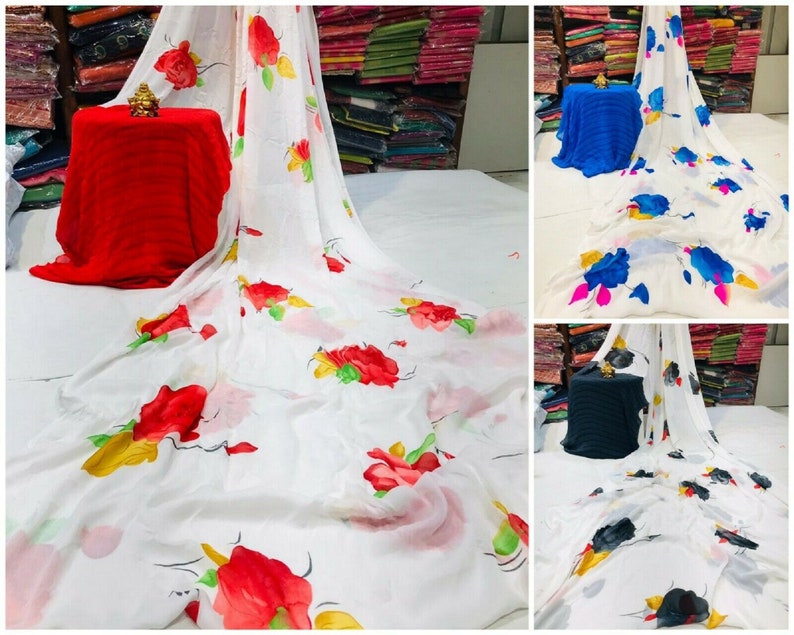Beautiful Weightless Flower Printed Fancy Saree With Unstitched Running Blouse For Women Wear Wedding Bridal Party Wear Festive Wear Sari KP