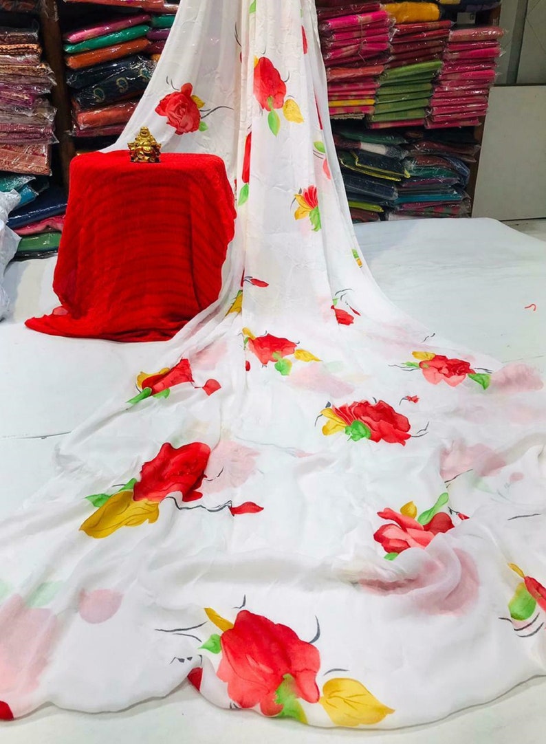 Beautiful Weightless Flower Printed Fancy Saree With Unstitched Running Blouse For Women Wear Wedding Bridal Party Wear Festive Wear Sari KP
