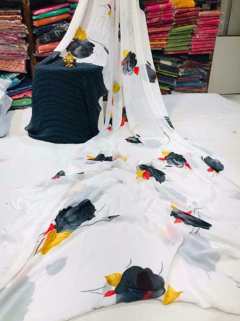 Beautiful Weightless Flower Printed Fancy Saree With Unstitched Running Blouse For Women Wear Wedding Bridal Party Wear Festive Wear Sari KP