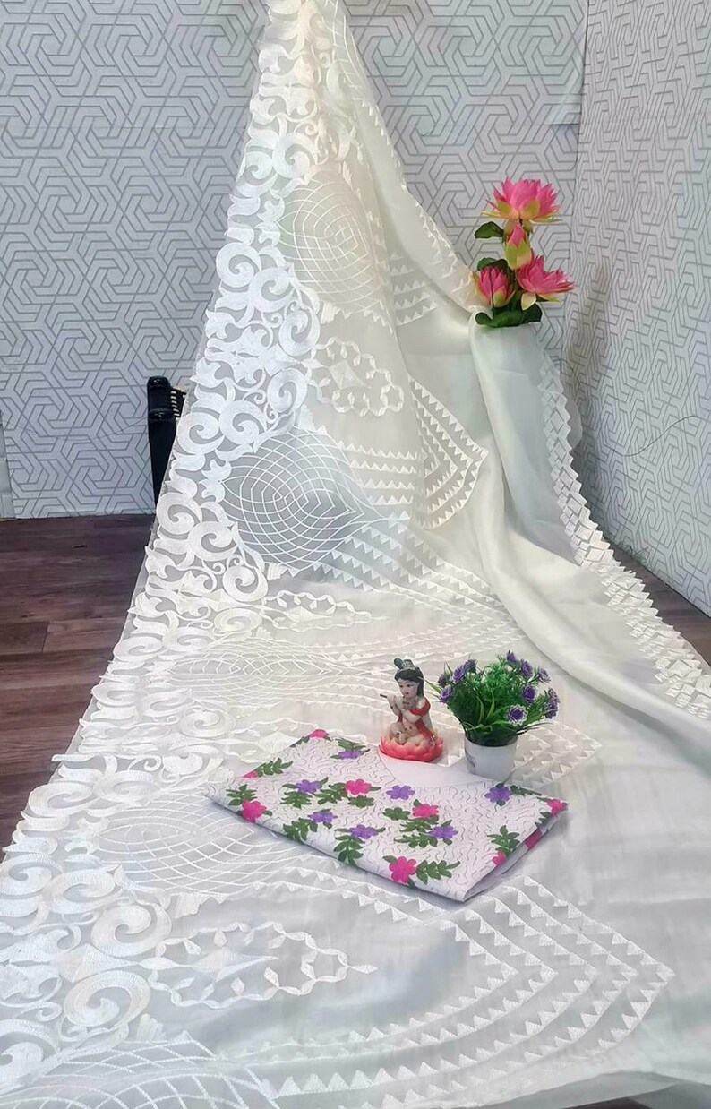Indian Designer Saree Organza Silk Heavy Embroidery Work Sari Party Wear Bridal Pakistani Fancy Sari MA