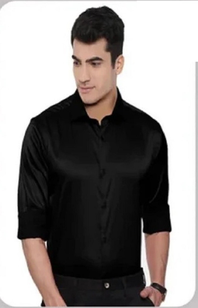 Man's Black Satin Silk Shirt Office Shirt Shirts for Men Etsy UK