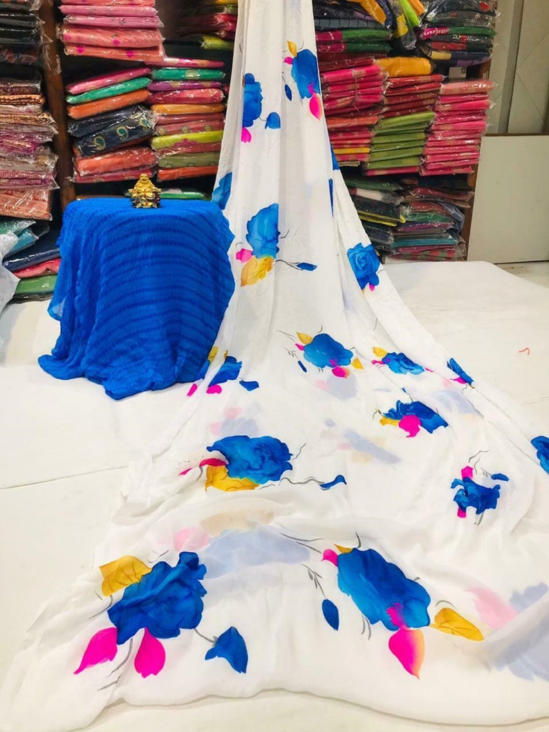 Beautiful Weightless Flower Printed Fancy Saree With Unstitched Running Blouse For Women Wear Wedding Bridal Party Wear Festive Wear Sari KP