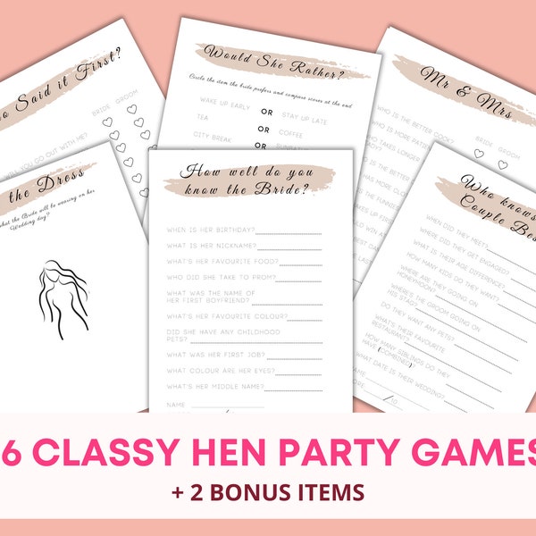 Hen Party Games Bundle - Beautiful Blush / pink Printable Games for a Classy Hen Do