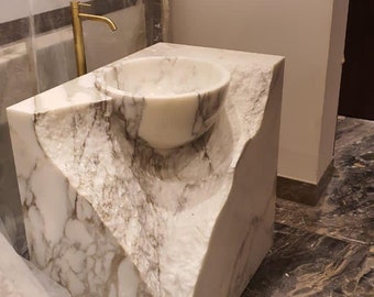 Natural Marble White Pedestal Sink, Bathroom Sink