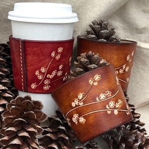 Coffee Sleeve - Cherry Blossom - 100% Leather, Hand-Tooled, Hand-Dyed, Hand-Stitched