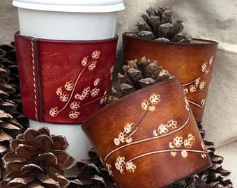 Coffee Sleeve - Cherry Blossom - 100% Leather, Hand-Tooled, Hand-Dyed, Hand-Stitched