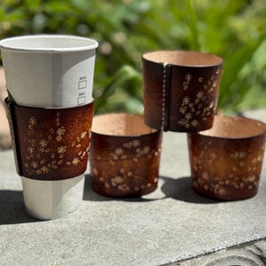 Coffee Sleeve - Cherry Blossom - 100% Full Grain Leather, Hand-Tooled, Hand-Dyed, Hand-Stitched