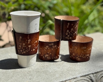 Coffee Sleeve - Cherry Blossom - 100% Full Grain Leather, Hand-Tooled, Hand-Dyed, Hand-Stitched