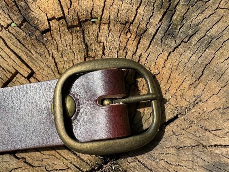 May include: A dark brown leather belt featuring a smooth, matte finish and a rounded, antique brass-toned metal buckle. The belt strap is secured to the buckle frame with a single matching brass-toned metal rivet, creating a clean, functional design.