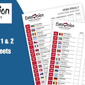 Puede incluir: Gráfico azul con el logo del Festival de la Canción de Eurovisión y texto para las hojas de puntuación de las semifinales 1 y 2. Las hojas enumeran los países y tienen espacios para la canción, la actuación, los atuendos y las puntuaciones totales.