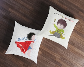 Whimsical Nursery Illustrated Floor Pillows, Square Tufted Design for Kids Room Decor, Unique Gift for Children