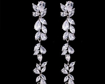 Bridal Luxury Flower Cubic Zirconia Long  Crystal Dangle Tassel Earrings Jewellery
