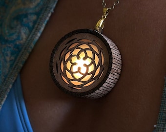 Pendant of Light & Form - Rechargeable/Multicolor - Wooden Eco-F - Sacred Geometry - Merkahbah Flower of Life Venus - Festival LED Jewelry