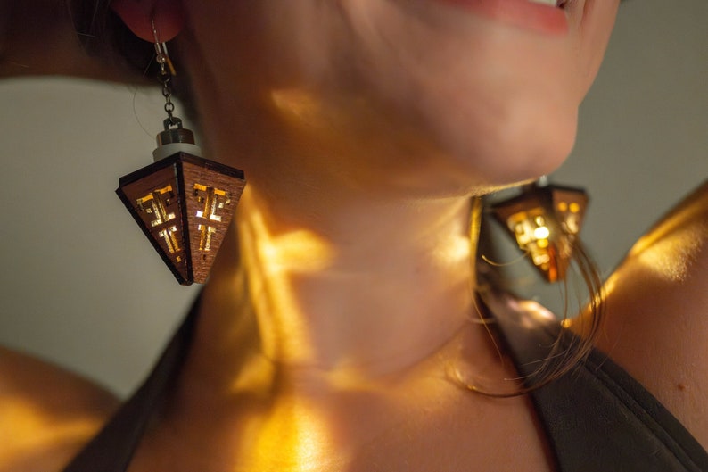 Laser Cut Light Up Wood Earrings LED Festival Attire image 4