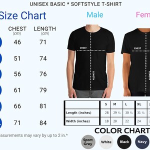 May include: A size chart for a unisex softstyle t-shirt, with chest and length measurements in centimetres and inches. Sizes range from S to 3XL, with chest measurements from 46 cm to 71 cm and lengths from 71 cm to 84 cm. Available colours are sport grey, white, black, navy, and dark heather.