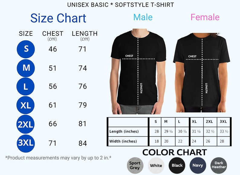 May include: A size chart for a unisex softstyle t-shirt, with chest and length measurements in centimetres and inches. Sizes range from S to 3XL, with chest measurements from 46 cm to 71 cm and lengths from 71 cm to 84 cm. Available colours are sport grey, white, black, navy, and dark heather.