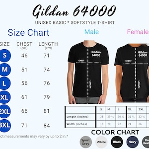 Puede incluir: Tabla de tallas para una camiseta b&aacute;sica de estilo suave Gildan 64000 unisex. La tabla muestra las medidas de pecho y largo en cent&iacute;metros para las tallas S, M, L, XL, 2XL y 3XL. Una tabla separada muestra las medidas de largo y ancho en pulgadas para las mismas tallas.