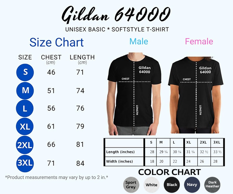 Puede incluir: Tabla de tallas para una camiseta b&aacute;sica de estilo suave Gildan 64000 unisex. La tabla muestra las medidas de pecho y largo en cent&iacute;metros para las tallas S, M, L, XL, 2XL y 3XL. Una tabla separada muestra las medidas de largo y ancho en pulgadas para las mismas tallas.