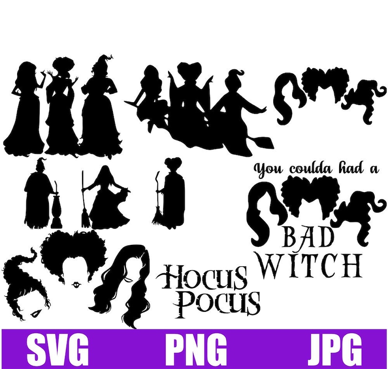 May include: Black and white silhouette cut files of the Sanderson sisters from the movie Hocus Pocus. The text "You coulda had a bad witch" and "Hocus Pocus" are also included.