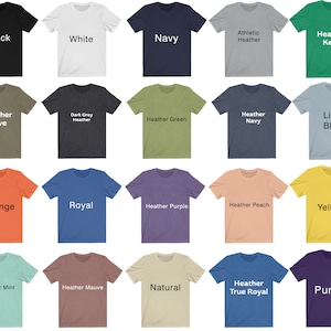 Puede incluir: Una selecci&oacute;n de 20 camisetas en varios colores, incluyendo negro, blanco, azul marino, verde heather, oliva heather, gris oscuro heather, verde heather, azul heather, azul claro, naranja, azul real, morado heather, melocot&oacute;n heather, amarillo, menta heather, malva heather, natural, azul heather royal y morado.