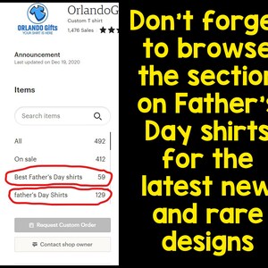 May include: Screenshot of an Etsy shop displaying "Best Father's Day shirts" and "father's Day Shirts". The shop logo is a blue t-shirt. Text on a black background encourages browsing the Father's Day shirt section for new designs.