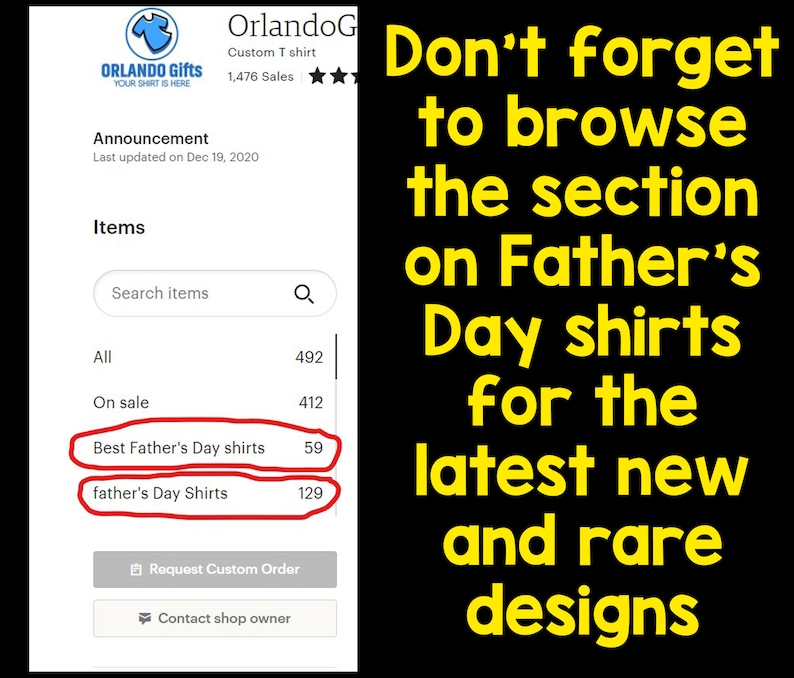 May include: Screenshot of an Etsy shop displaying "Best Father's Day shirts" and "father's Day Shirts". The shop logo is a blue t-shirt. Text on a black background encourages browsing the Father's Day shirt section for new designs.