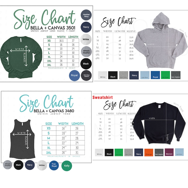 Puede incluir: Tabla de tallas para camisetas y tanques unisex Bella + Canvas. La tabla muestra las medidas de ancho y largo en pulgadas para las tallas XS a 3XL. La tabla tambi&eacute;n incluye una tabla de colores con varios colores para cada estilo.