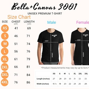 Puede incluir: Tabla de tallas para camisetas unisex de Bella+Canvas 3001. La tabla muestra las medidas de pecho y longitud en cent&iacute;metros para las tallas XS a 4XL. Tambi&eacute;n incluye las medidas de longitud y ancho en pulgadas para cada talla.