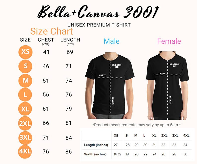 Puede incluir: Tabla de tallas para camisetas unisex de Bella+Canvas 3001. La tabla muestra las medidas de pecho y longitud en cent&iacute;metros para las tallas XS a 4XL. Tambi&eacute;n incluye las medidas de longitud y ancho en pulgadas para cada talla.