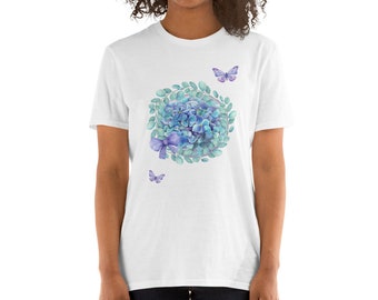 Purple Pink Hydrangea Butterfly Tshirt Mothers Day Gift Summer Vacation Casual Garden Spring