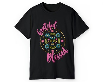 Grateful Blessed Sugar Skull Black Pink Tee