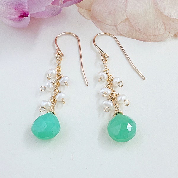 Chrysoprase Earrings, 14K Gold Filled Freshwater Pearl Earrings, Gold Filled Pearl Earrings, Dangle Earrings, Drop Earrings, Gift for her