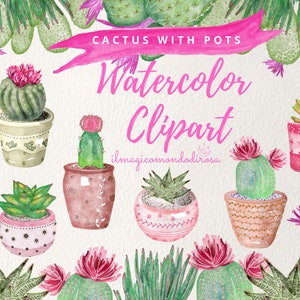 Watercolor Cactus Clipart, Cactus+Pots, ClipArt digitale scaricabile, Boho Cactus, Clipart trasparente, Succulent Watercolor Collection