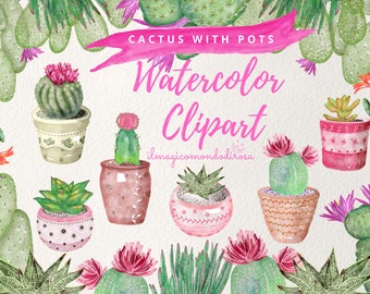 Aquarelle Cactus Clipart, Cactus + Pots, ClipArt numérique téléchargeable, Boho Cactus, Clipart transparent, Collection d’aquarelles succulente